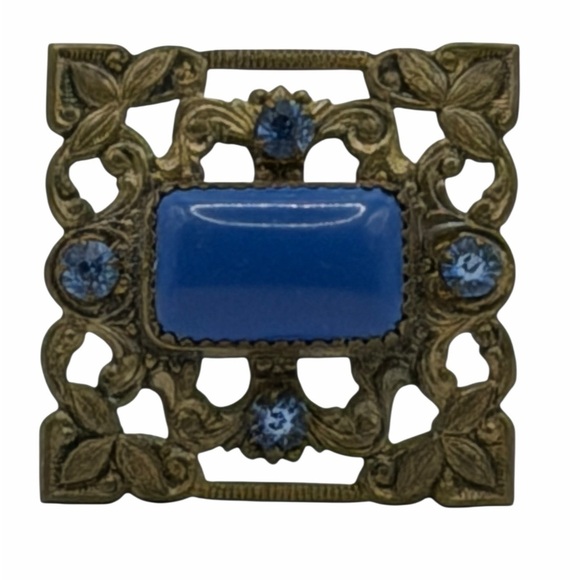 Czech Jewelry - Antique Art Deco Czech Blue Rhinestone Cabochon Stone Filigree Leaf Brooch 1920s